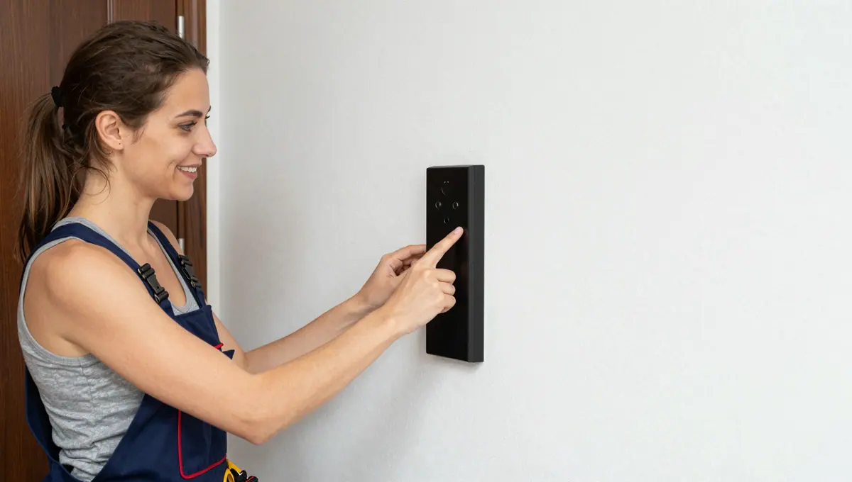 Bewohnerin bedient ein schmales Zutrittsmodul neben einer Wohnungstür