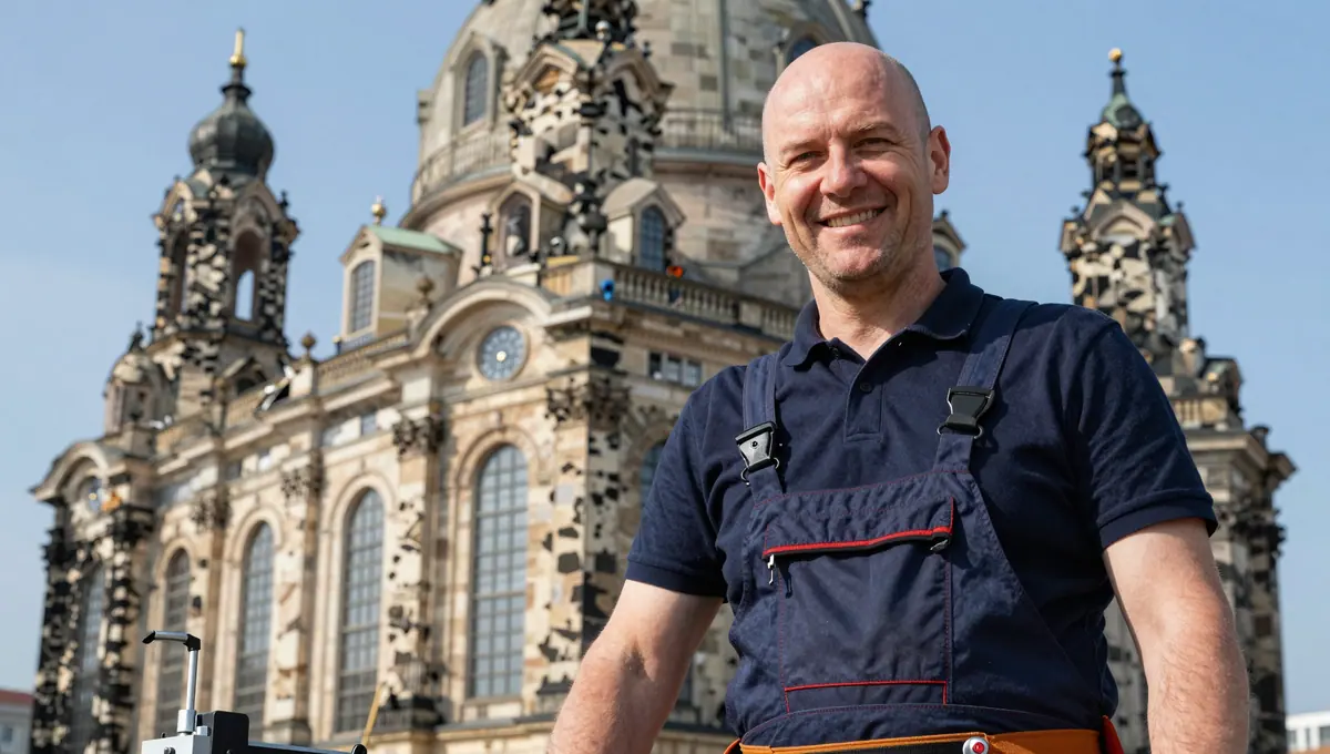 Handwerker in Arbeitskleidung vor der Dresdner Altstadtkulisse mit der Frauenkirche
