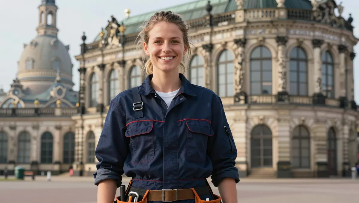 Handwerkerin in Arbeitskleidung vor einer barocken Dresdner Fassade