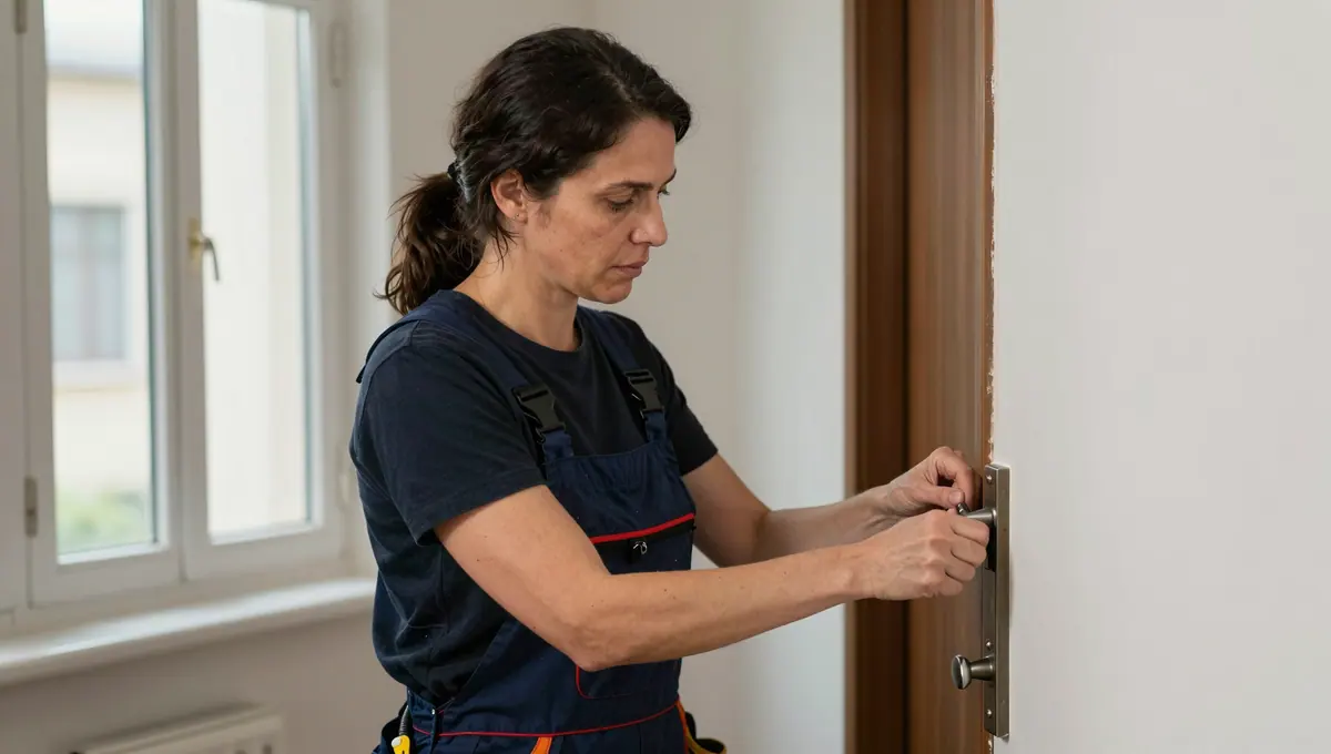 Fachfrau arbeitet am Schloss einer Holztür neben einem Fenster