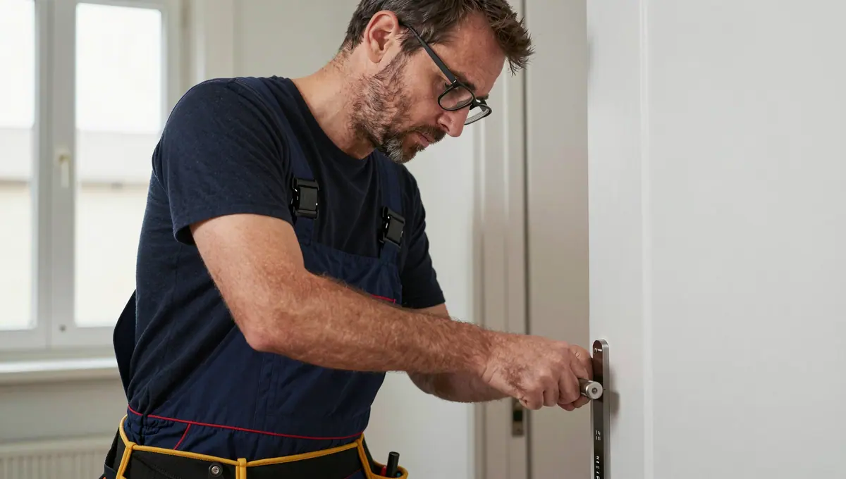 Fachmann mit Brille arbeitet konzentriert an einem Türschloss
