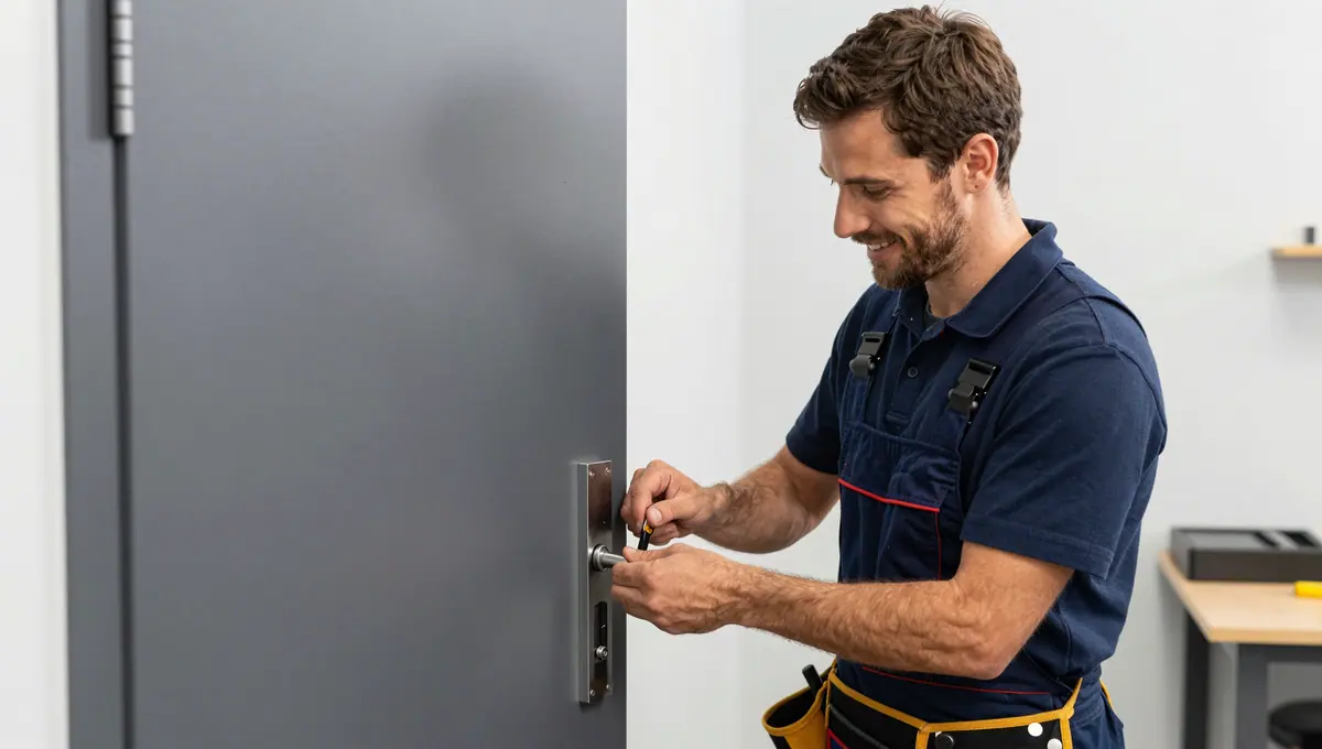 Fachmann arbeitet am Langschild einer grauen Wohnungstür
