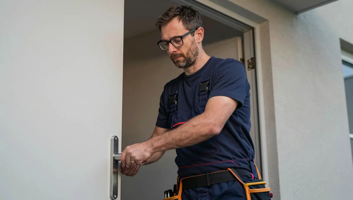 Fachmann mit Brille arbeitet am Schloss einer Wohnungstür